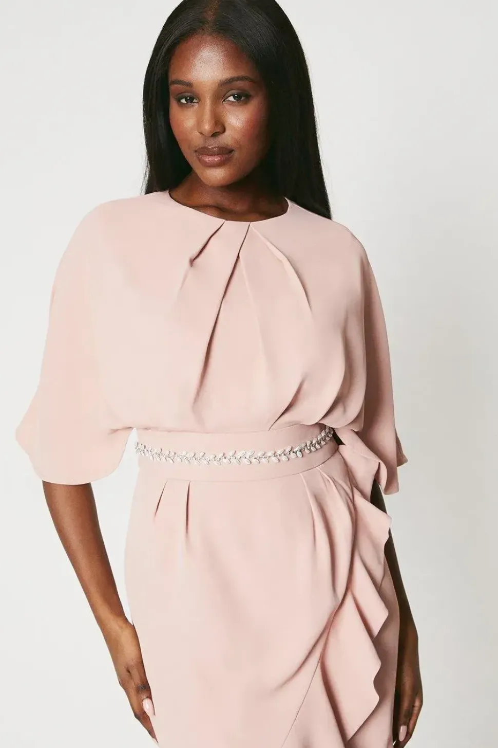 Crepe Frill Wrap Dress With Pearl Waist