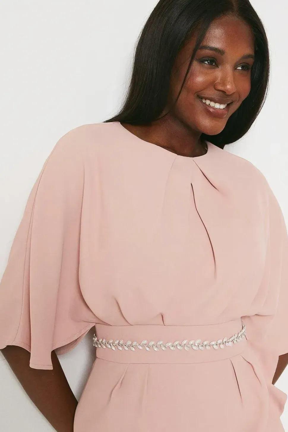 Crepe Frill Wrap Dress With Pearl Waist