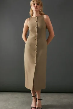 Crew Neck Button Through Midi Tailored Dress