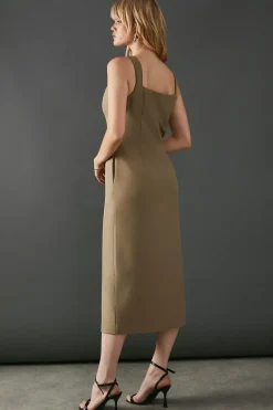 Crew Neck Button Through Midi Tailored Dress