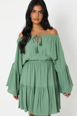 Crinkle Bardot Tassel Front Tiered Mini Dress