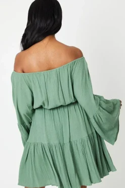 Crinkle Bardot Tassel Front Tiered Mini Dress