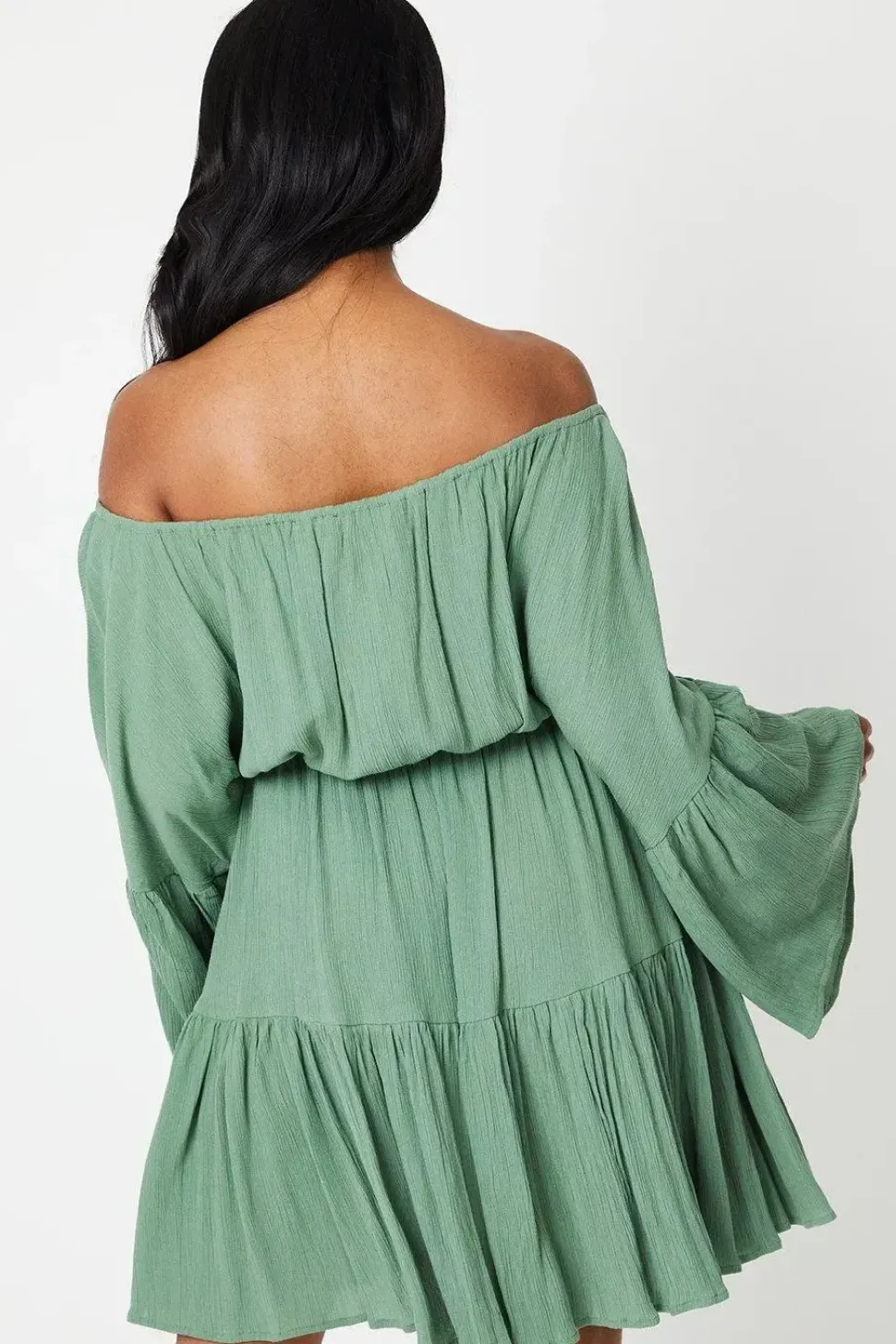 Crinkle Bardot Tassel Front Tiered Mini Dress
