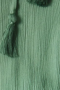 Crinkle Bardot Tassel Front Tiered Mini Dress