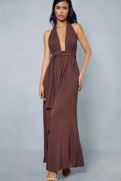 Crinkle Belted Waist Halterneck Backless Wide Leg Jumpsuit