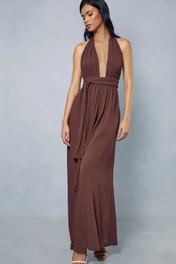 Crinkle Belted Waist Halterneck Backless Wide Leg Jumpsuit