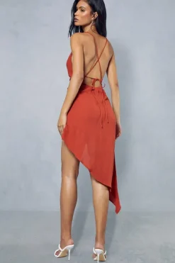 Crinkle Cowl Neck Asymmetric Strappy Back Midi Dress