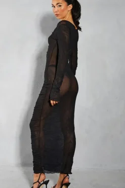 Crinkle Mesh Button Down Long Sleeve Ruched Midaxi Dress