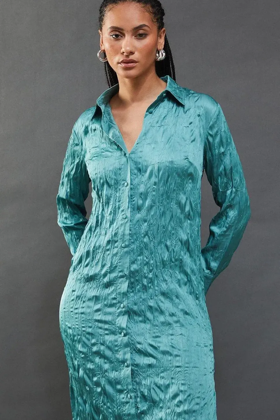 Crinkle Satin Oversized Midi Shirt Dress