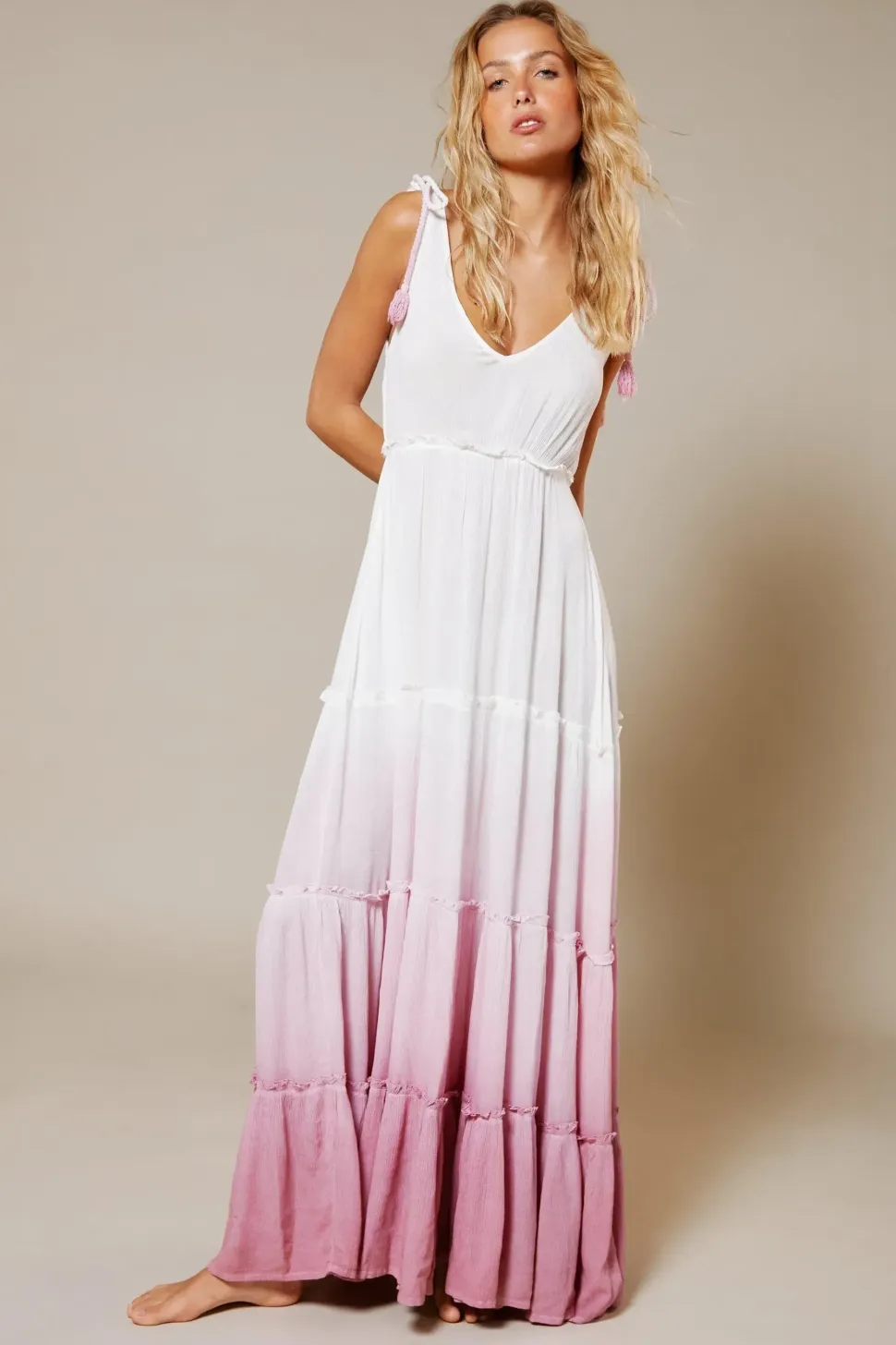 Crinkle Viscose Ombre Tiered Tie Maxi Dress