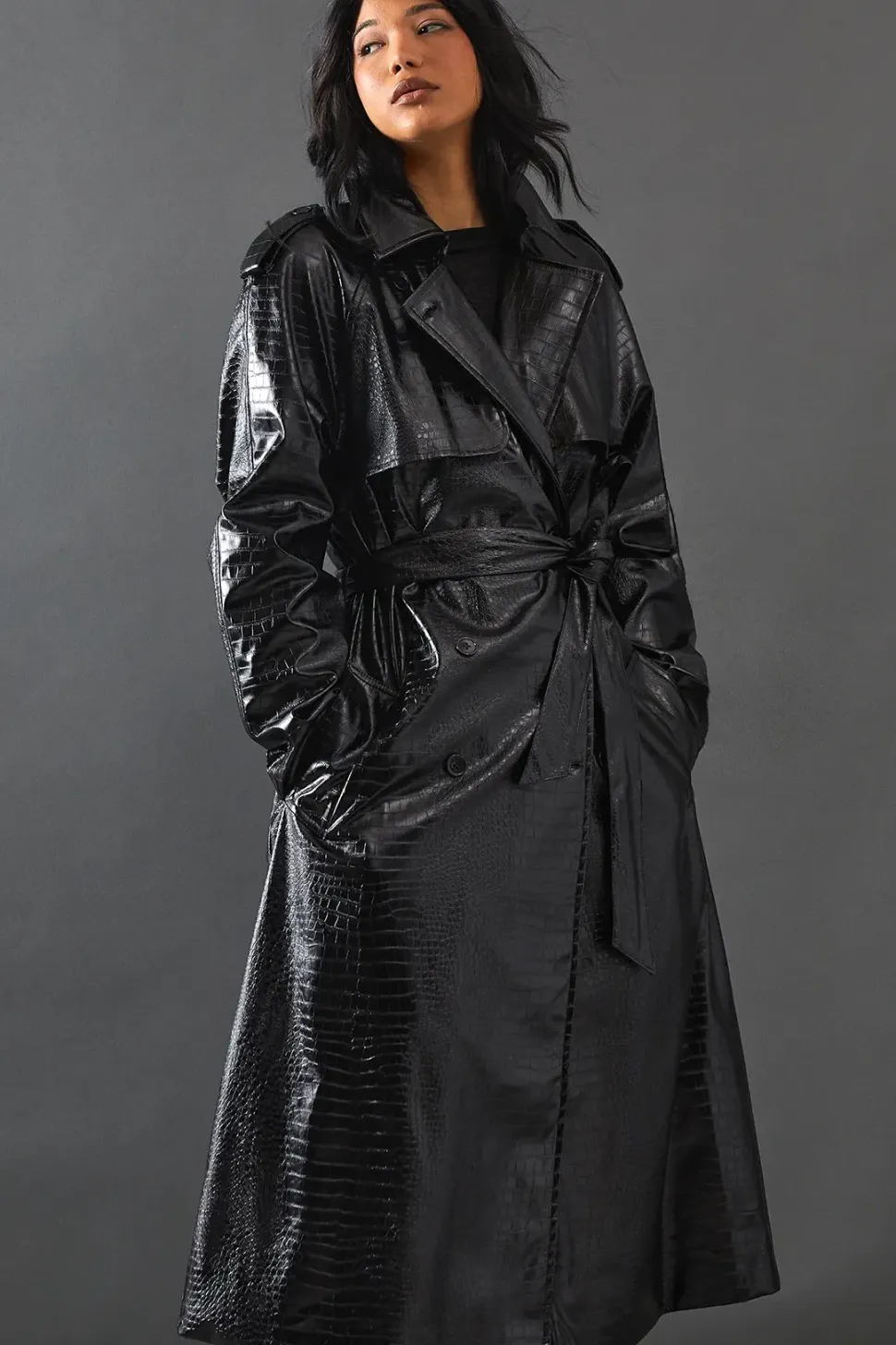 Croc Faux Leather Belted Trench Coat