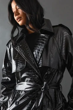 Croc Faux Leather Belted Trench Coat