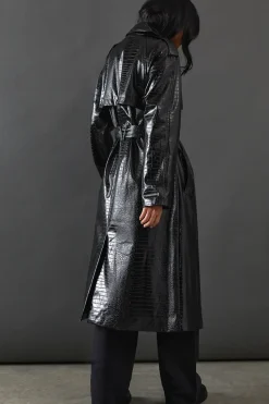 Croc Faux Leather Belted Trench Coat