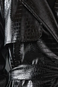 Croc Faux Leather Belted Trench Coat