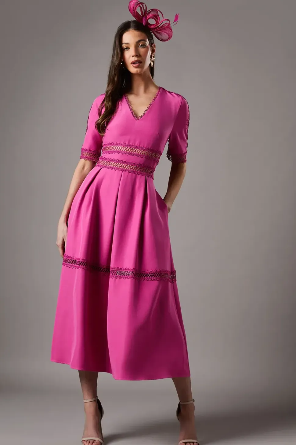 Crochet Insert Crepe V Neck Midi Dress