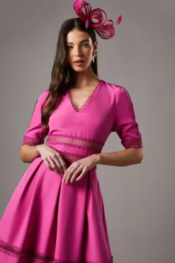 Crochet Insert Crepe V Neck Midi Dress