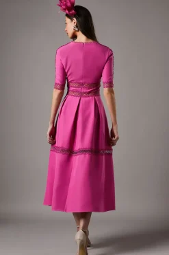 Crochet Insert Crepe V Neck Midi Dress