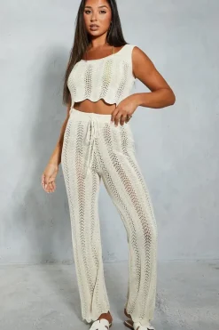 Crochet Knit Straight Leg Scalloped Hem Trouser