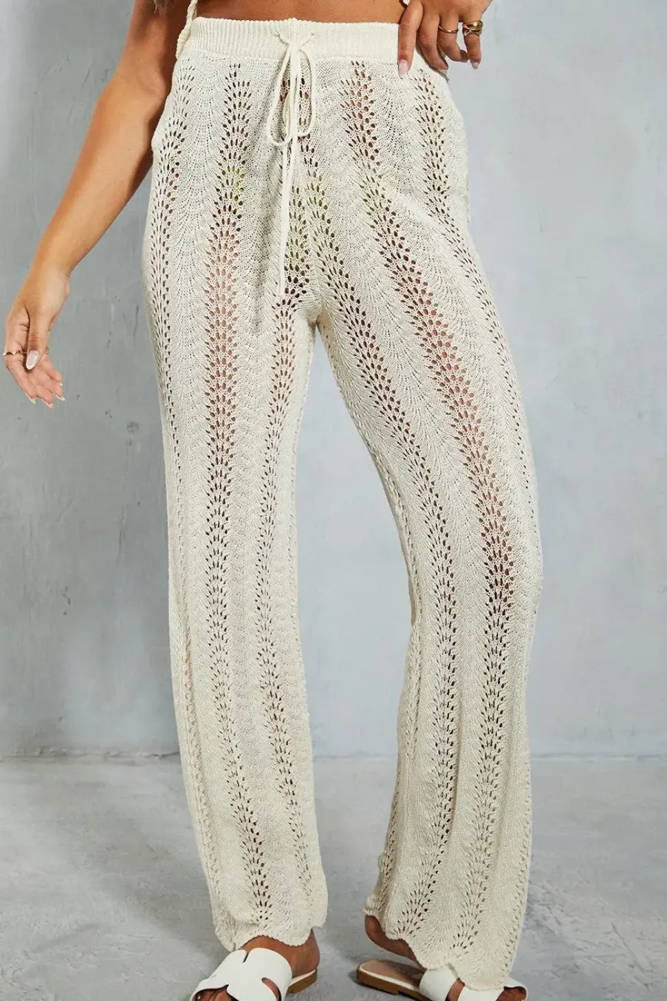 Crochet Knit Straight Leg Scalloped Hem Trouser