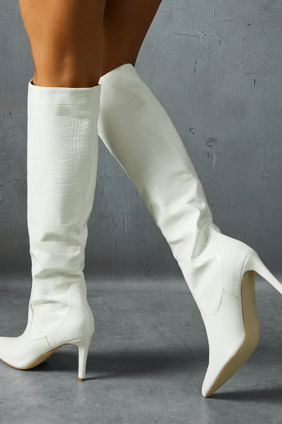 Croc Leather Look Knee High Pointed Boots