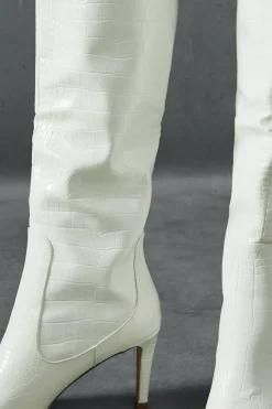 Croc Leather Look Knee High Pointed Boots