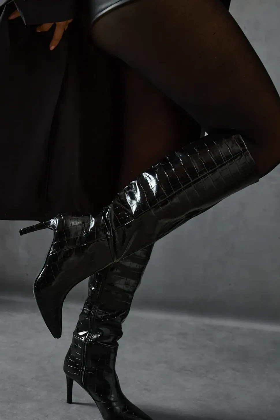 Croc Leather Look Pointed Knee High Boots