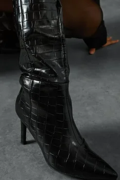 Croc Leather Look Pointed Knee High Boots