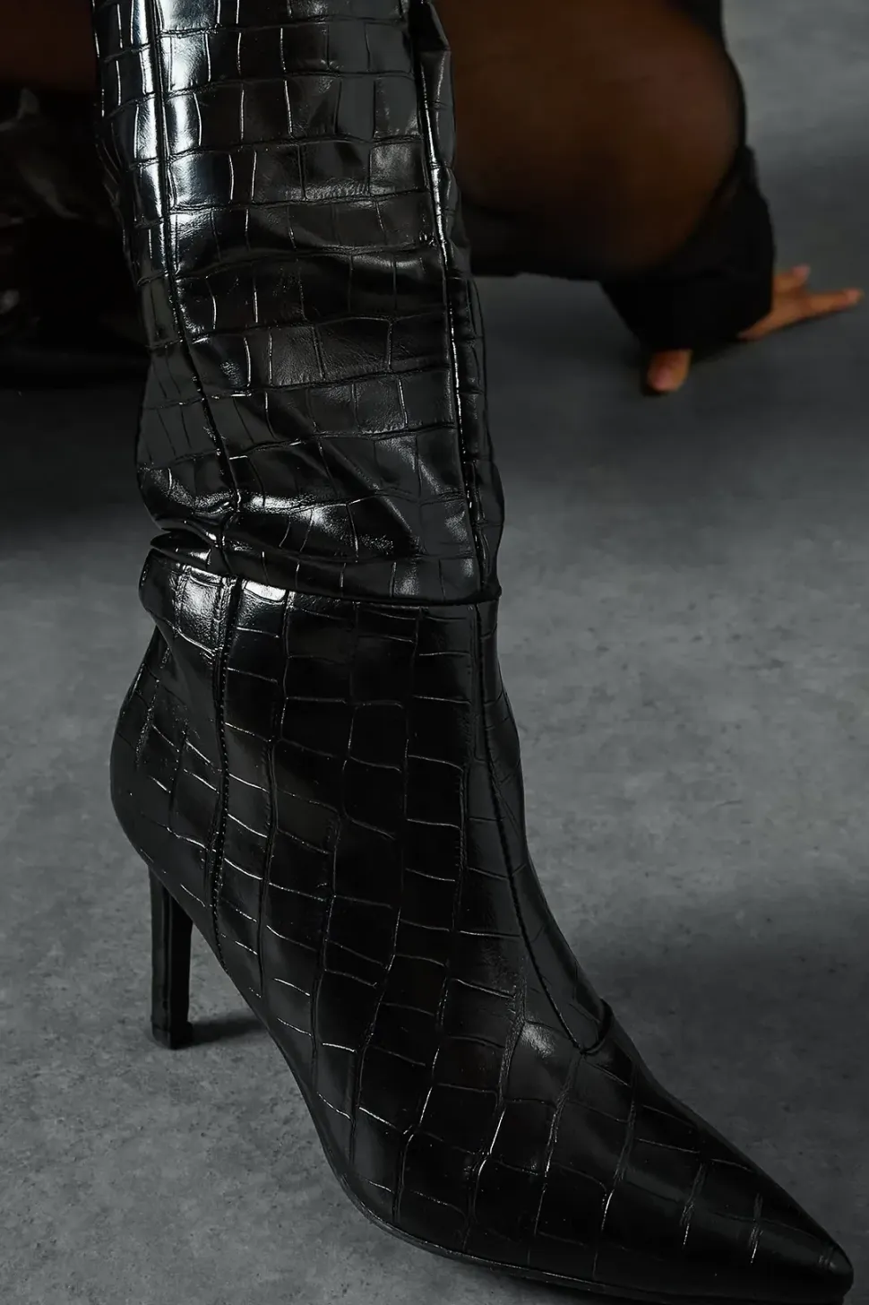 Croc Leather Look Pointed Knee High Boots