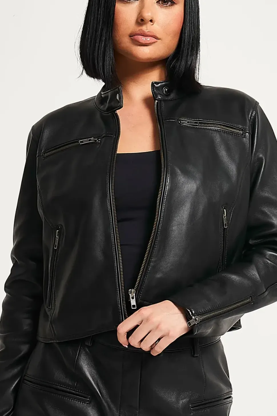 Cropped Leather Moto Jacket