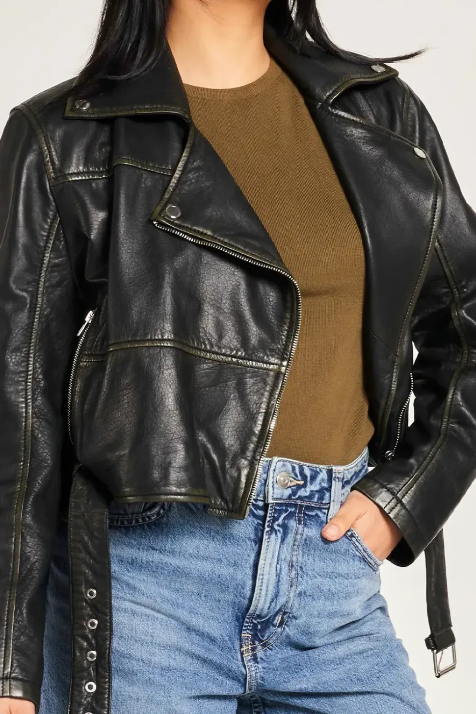 Cropped Washed Leather Biker