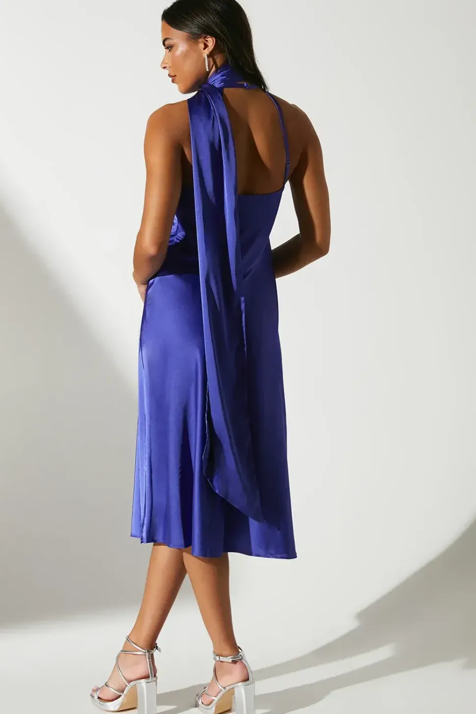Cross Front Tie Neck Satin Midi Wedding Guest Dress