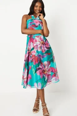 Cross Neck Border Print Organza Midi Dress