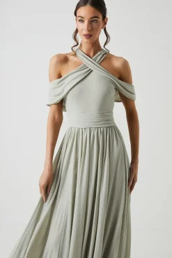 Cross Neck Cold Shoulder Stretch Mesh Bridesmaid Dress