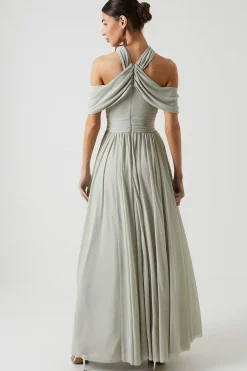 Cross Neck Cold Shoulder Stretch Mesh Bridesmaid Dress