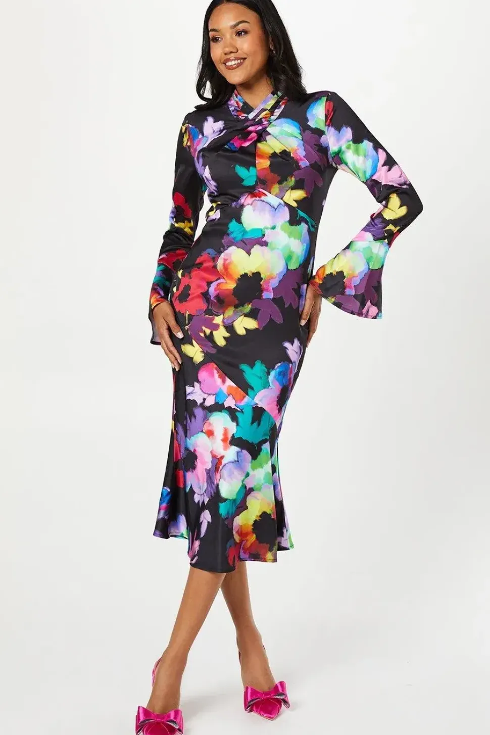 Cross Neck Flute Sleeve And Hem Midi Wedding Guest Dress
