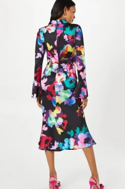 Cross Neck Flute Sleeve And Hem Midi Wedding Guest Dress