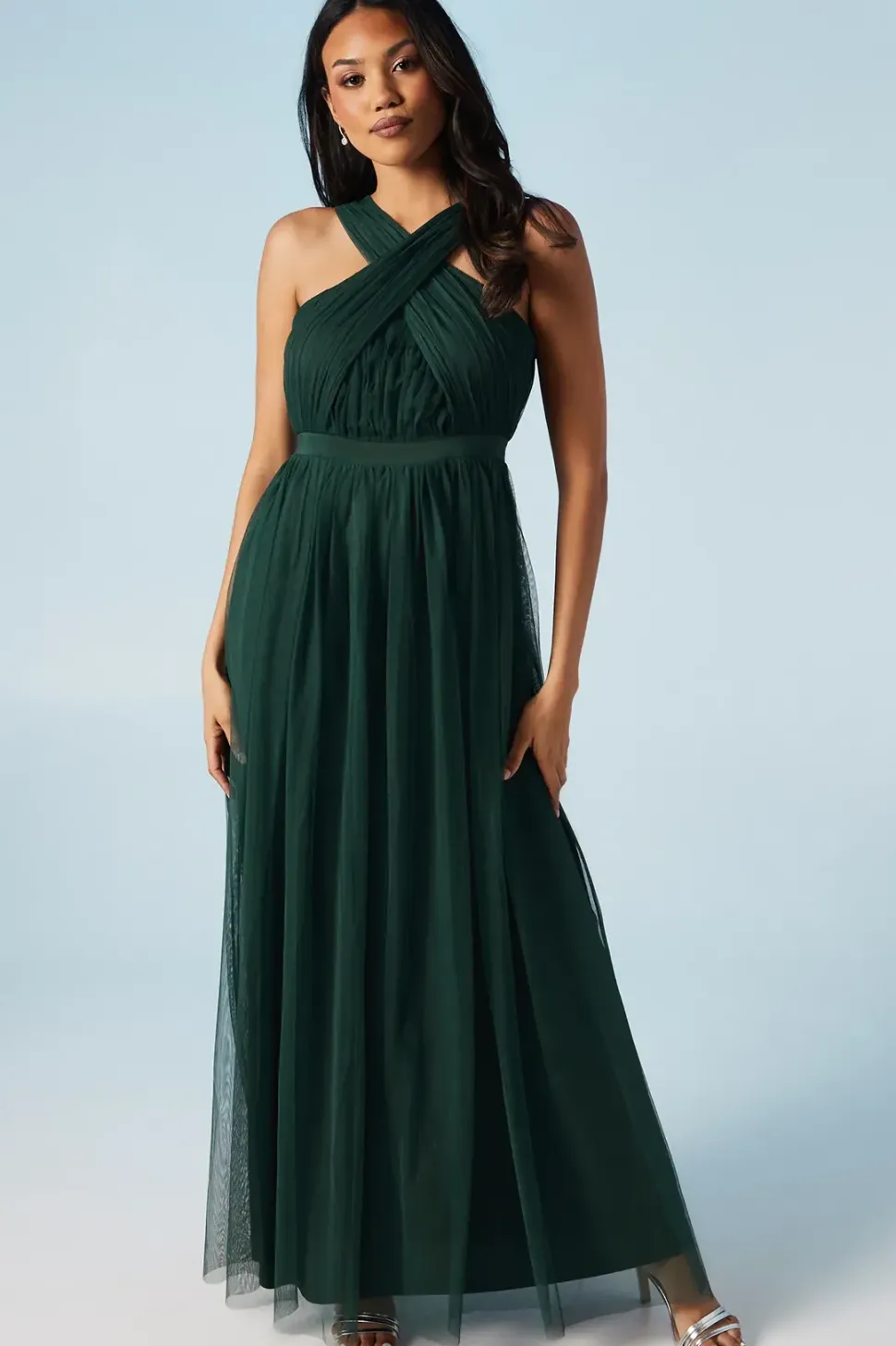 Cross Neck Halter Mesh Bridesmaids Dress
