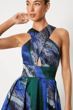 Cross Neck Jacquard Midi Dress