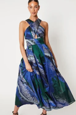 Cross Neck Jacquard Midi Dress