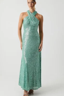 Cross Neck Sequin Bridesmaid Maxi Dress