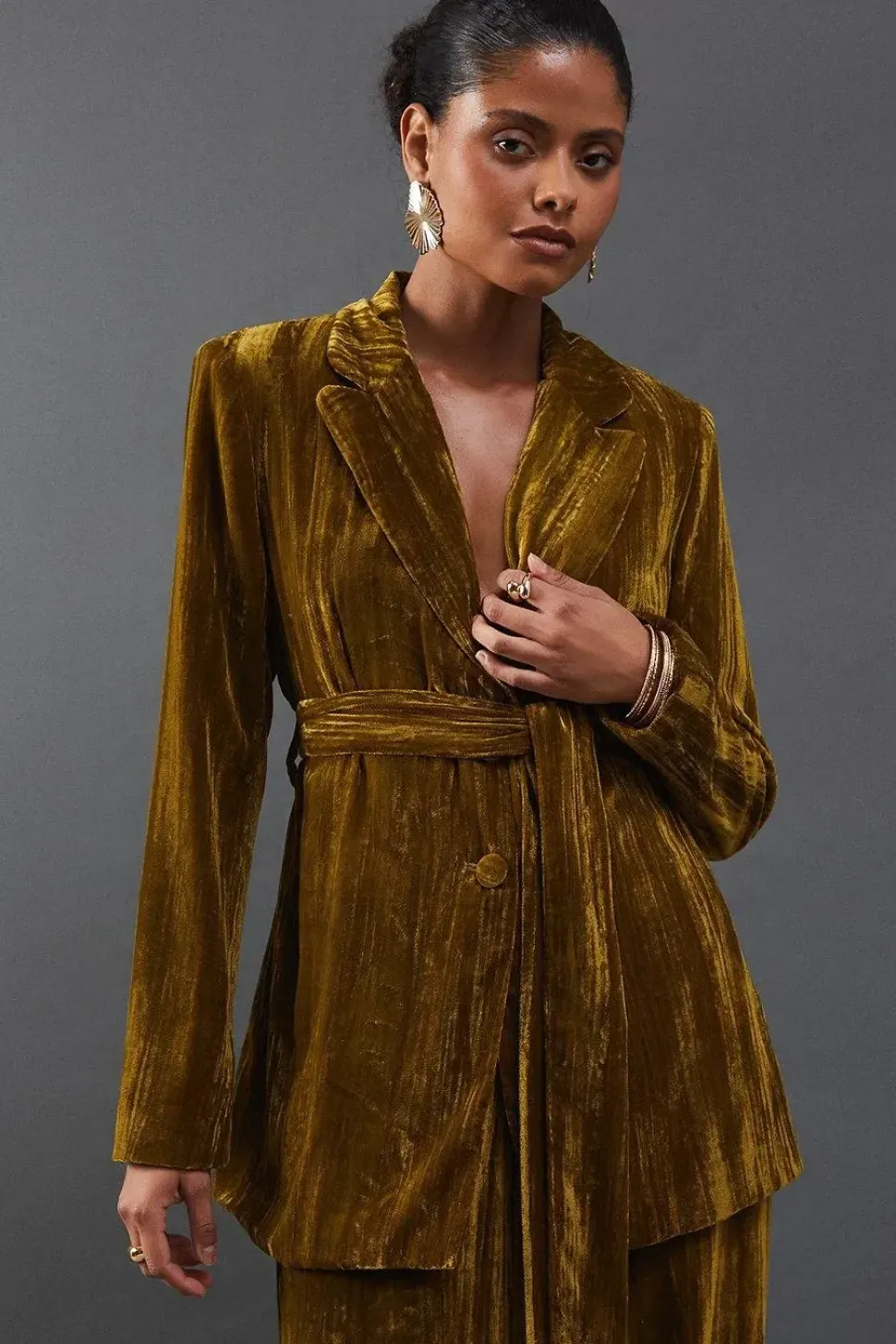 Crushed Velvet Self Belted Blazer