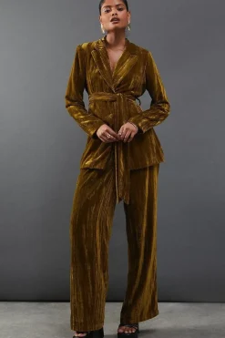 Crushed Velvet Self Belted Blazer