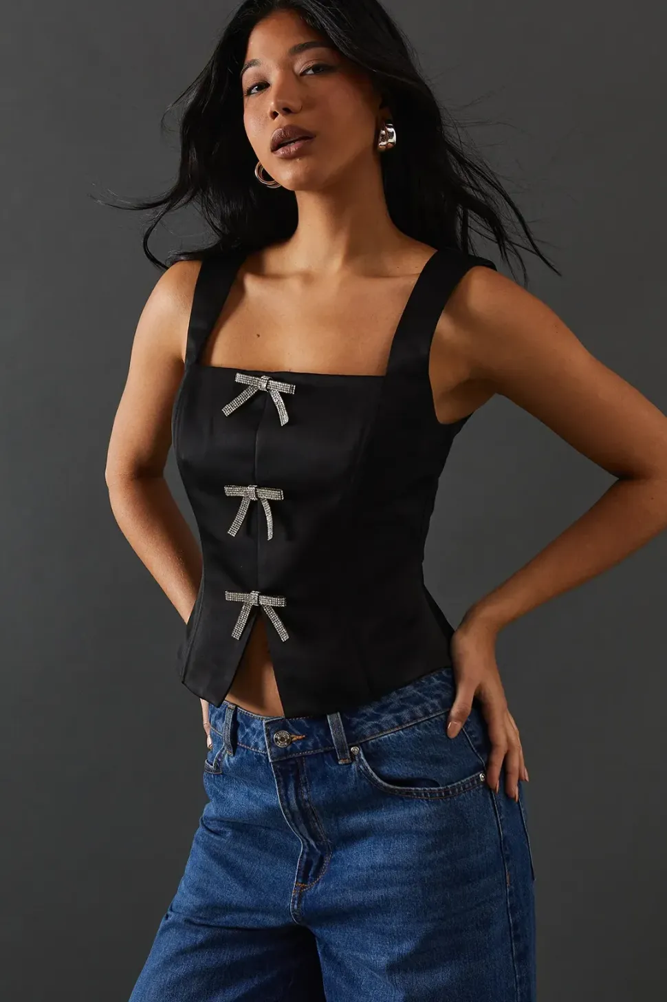 Crystal Bow Satin Tie Front Corset Top