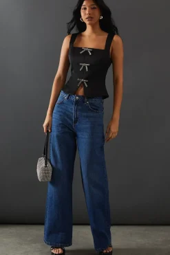 Crystal Bow Satin Tie Front Corset Top
