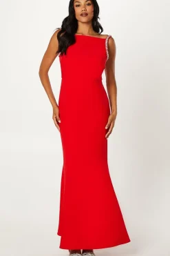 Crystal Trim Stretch Crepe Maxi Dress
