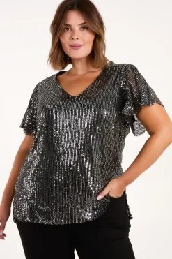 Curve Angel Sleeve V-Neck Sequin Top