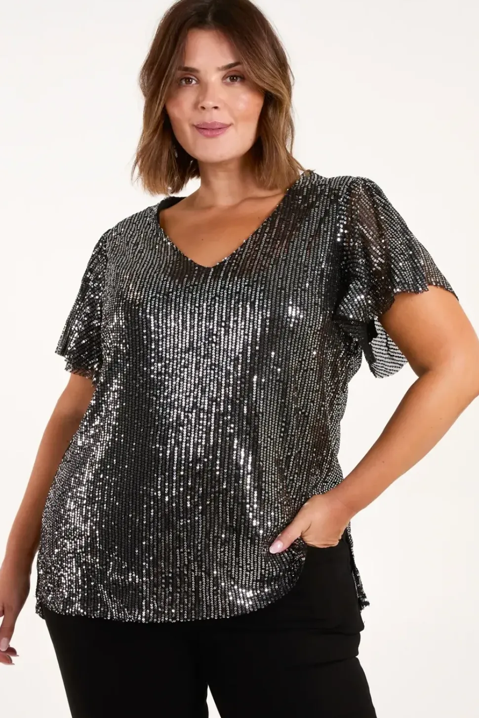 Curve Angel Sleeve V-Neck Sequin Top