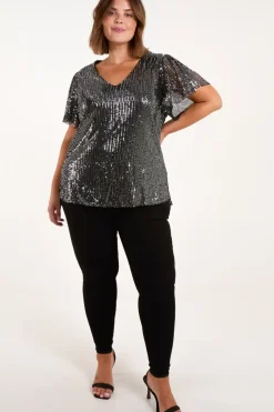 Curve Angel Sleeve V-Neck Sequin Top