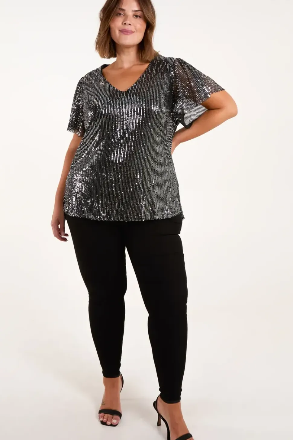 Curve Angel Sleeve V-Neck Sequin Top
