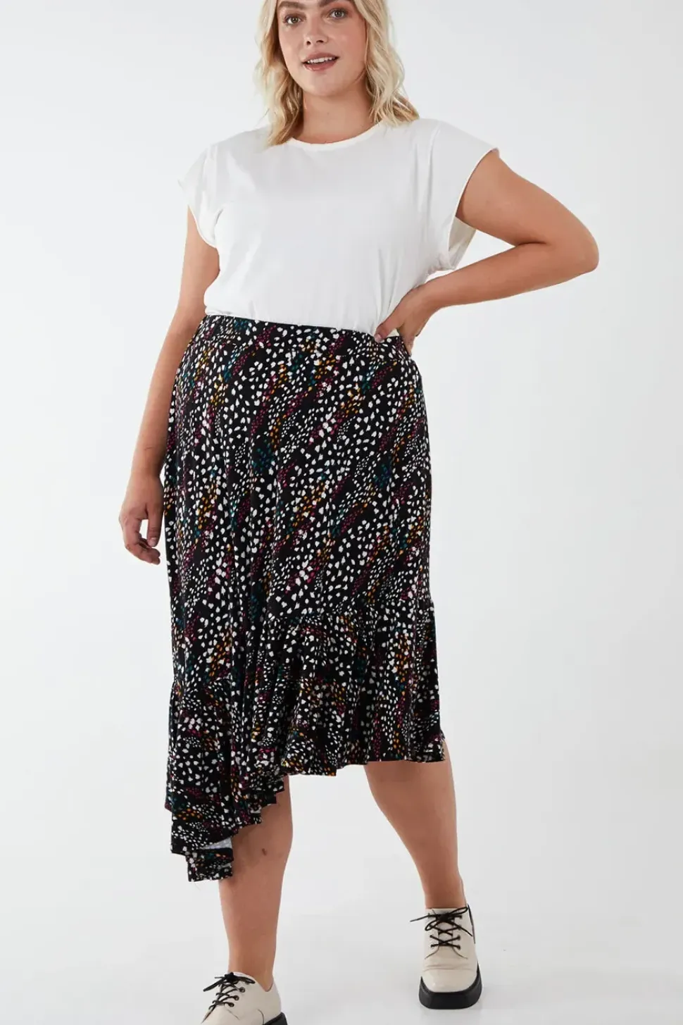 Curve Asymmetric Hem Midi Skirt